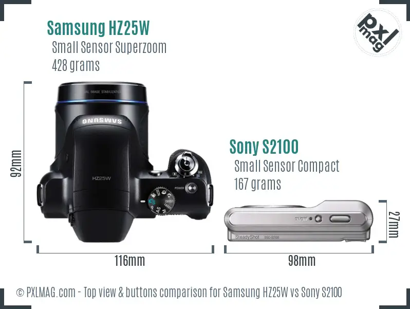 Samsung HZ25W vs Sony S2100 top view buttons comparison