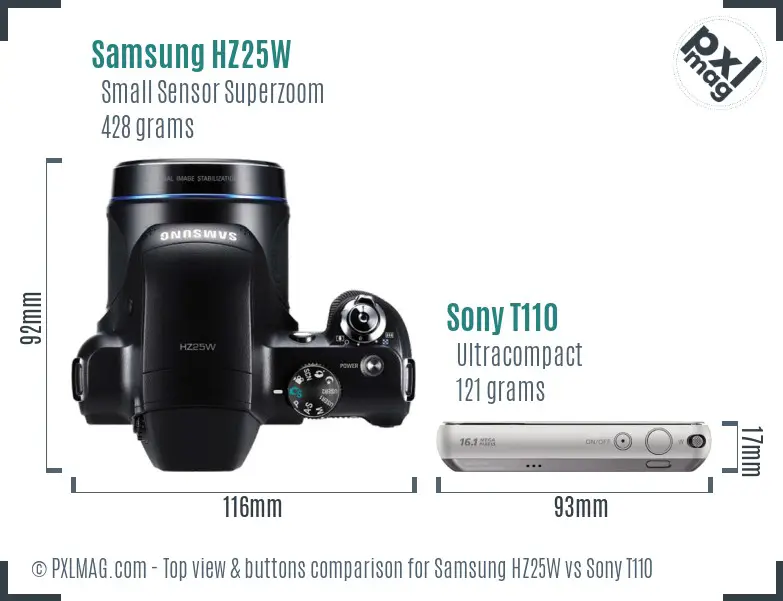 Samsung HZ25W vs Sony T110 top view buttons comparison