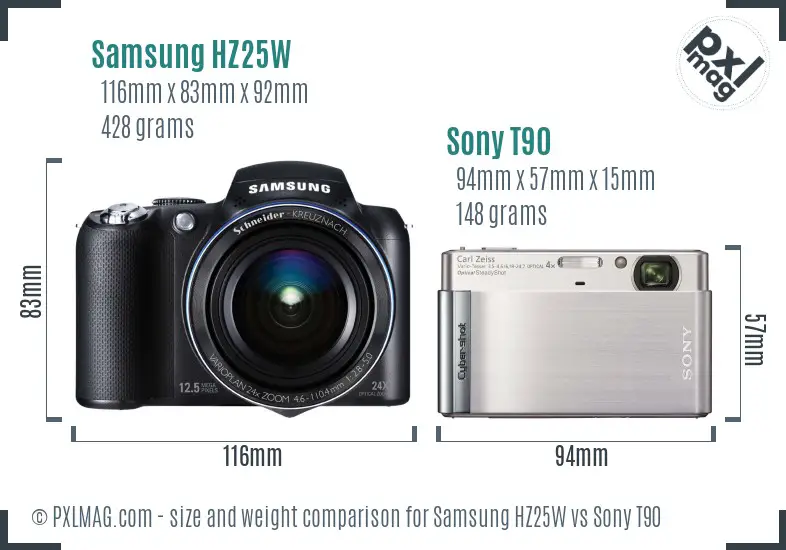 Samsung HZ25W vs Sony T90 size comparison