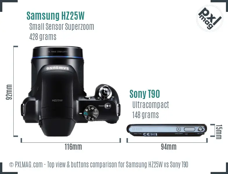 Samsung HZ25W vs Sony T90 top view buttons comparison