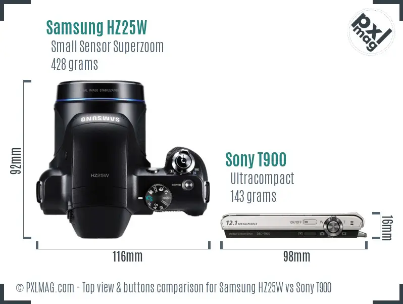 Samsung HZ25W vs Sony T900 top view buttons comparison