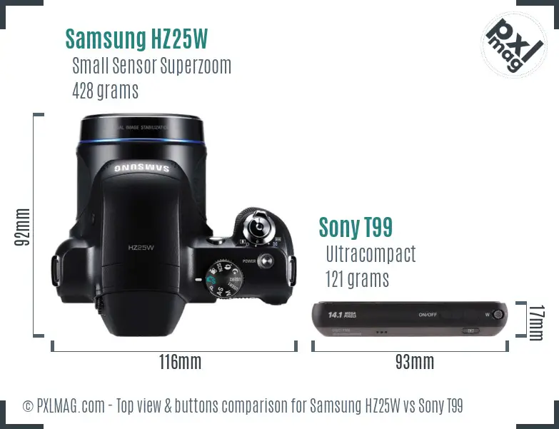 Samsung HZ25W vs Sony T99 top view buttons comparison