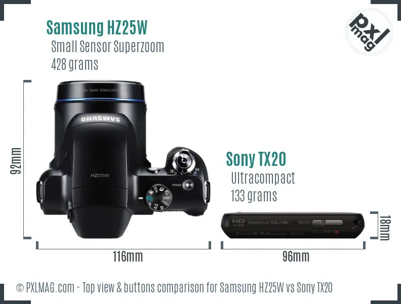 Samsung HZ25W vs Sony TX20 top view buttons comparison