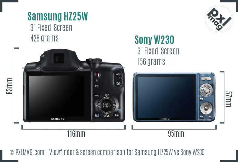 Samsung HZ25W vs Sony W230 Screen and Viewfinder comparison