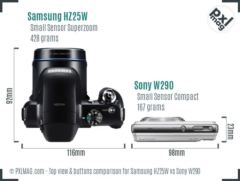 Samsung HZ25W vs Sony W290 top view buttons comparison