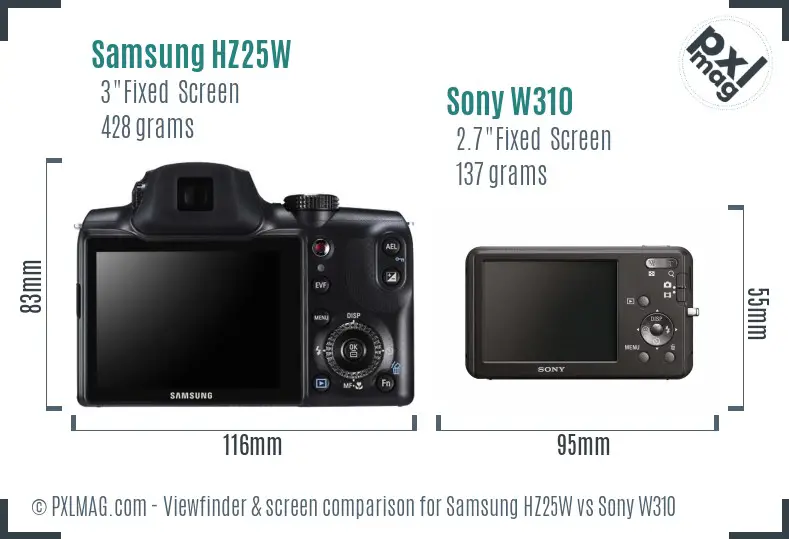 Samsung HZ25W vs Sony W310 Screen and Viewfinder comparison