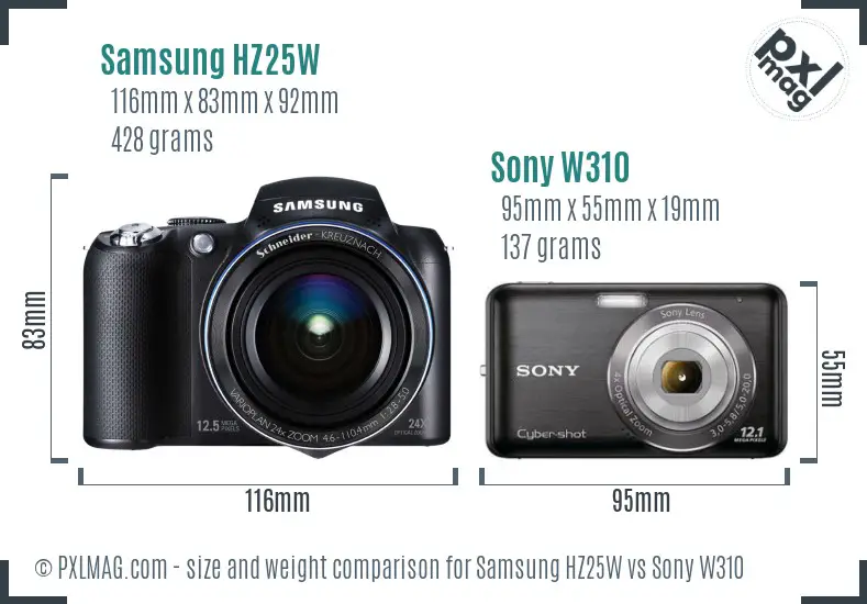 Samsung HZ25W vs Sony W310 size comparison
