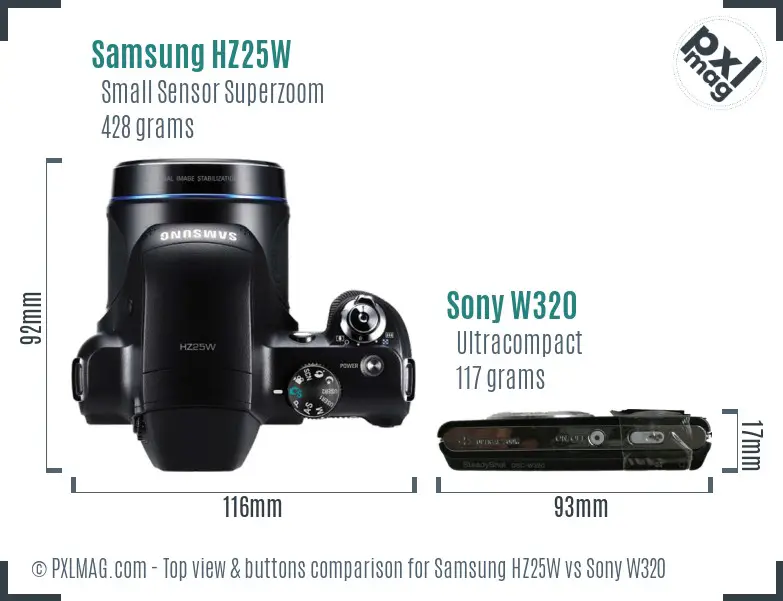 Samsung HZ25W vs Sony W320 top view buttons comparison