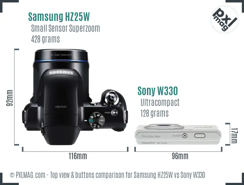 Samsung HZ25W vs Sony W330 top view buttons comparison