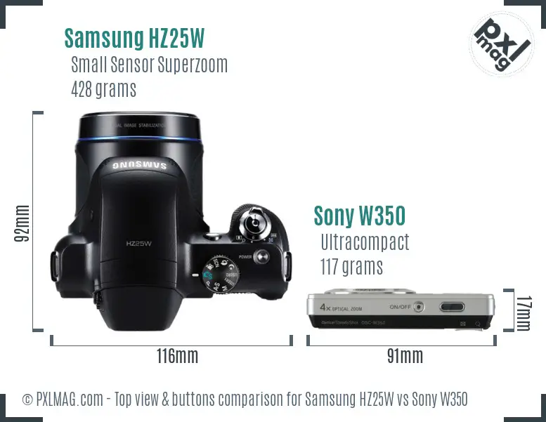 Samsung HZ25W vs Sony W350 top view buttons comparison