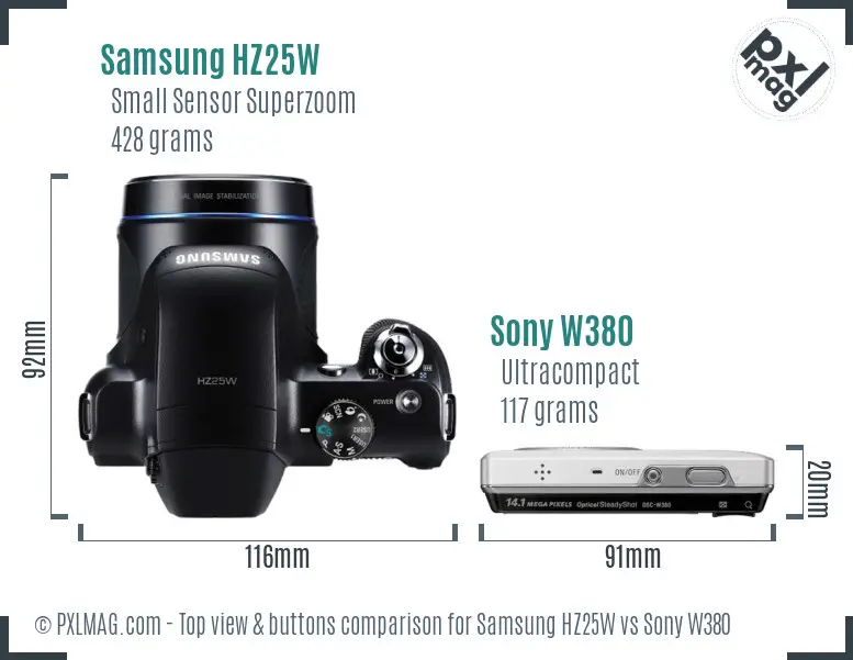 Samsung HZ25W vs Sony W380 top view buttons comparison