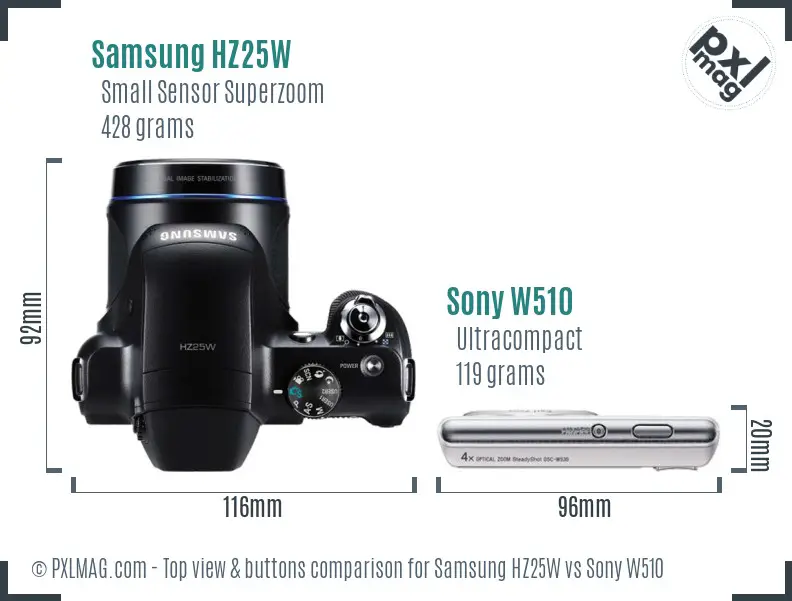 Samsung HZ25W vs Sony W510 top view buttons comparison