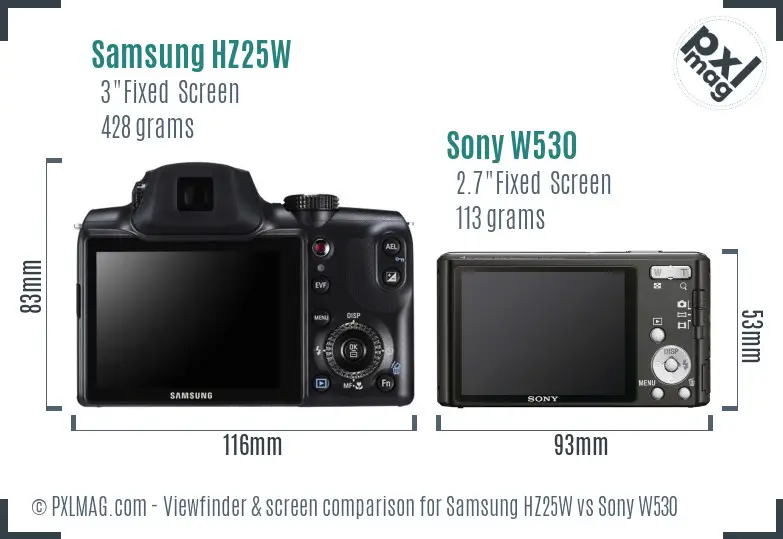 Samsung HZ25W vs Sony W530 Screen and Viewfinder comparison