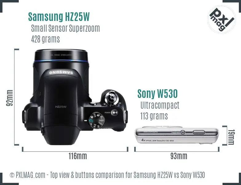 Samsung HZ25W vs Sony W530 top view buttons comparison