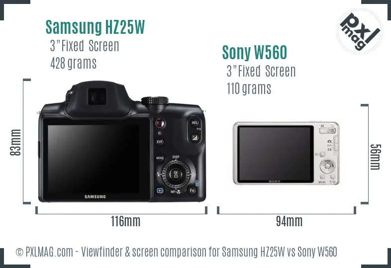 Samsung HZ25W vs Sony W560 Screen and Viewfinder comparison