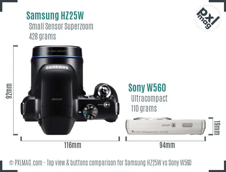 Samsung HZ25W vs Sony W560 top view buttons comparison