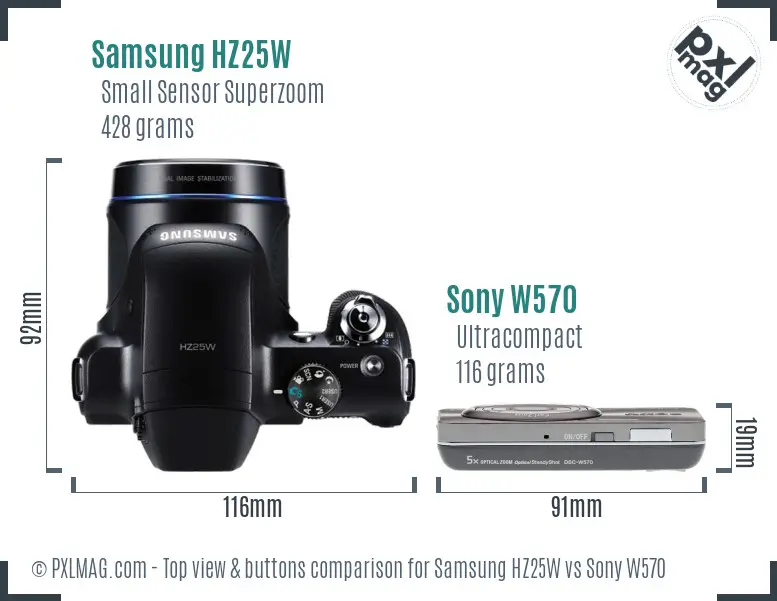 Samsung HZ25W vs Sony W570 top view buttons comparison