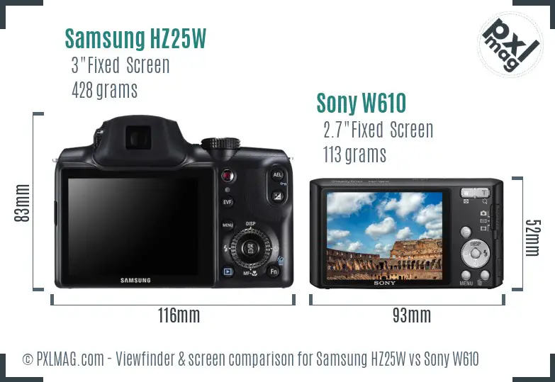 Samsung HZ25W vs Sony W610 Screen and Viewfinder comparison