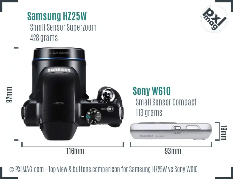 Samsung HZ25W vs Sony W610 top view buttons comparison