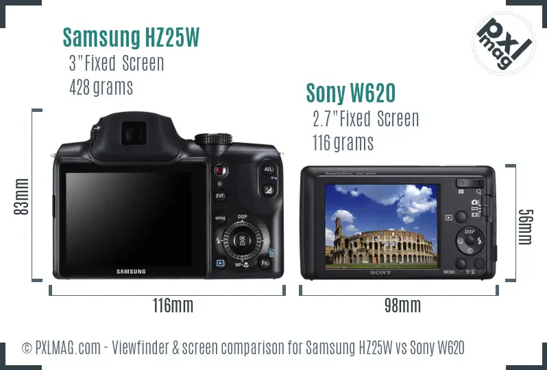 Samsung HZ25W vs Sony W620 Screen and Viewfinder comparison