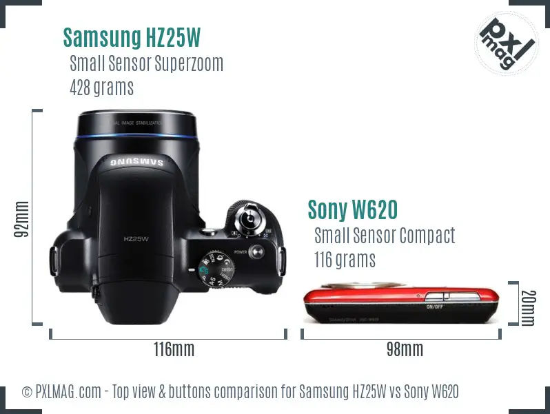 Samsung HZ25W vs Sony W620 top view buttons comparison