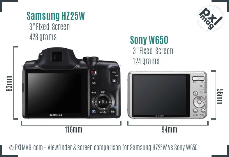 Samsung HZ25W vs Sony W650 Screen and Viewfinder comparison