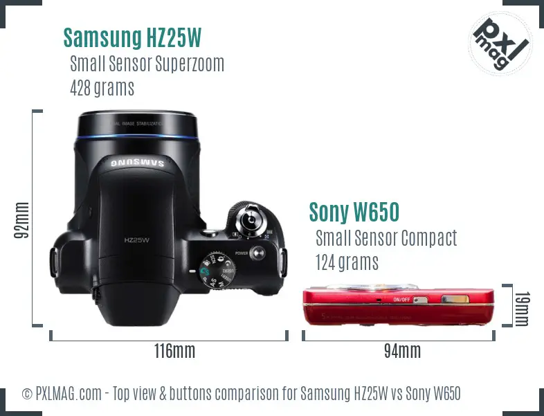 Samsung HZ25W vs Sony W650 top view buttons comparison