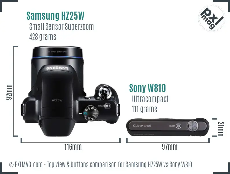 Samsung HZ25W vs Sony W810 top view buttons comparison
