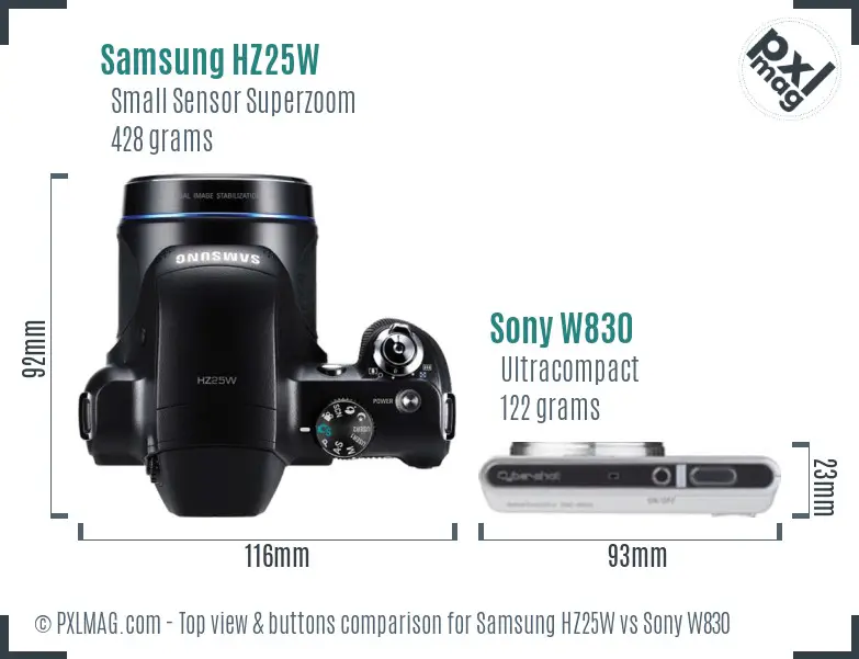 Samsung HZ25W vs Sony W830 top view buttons comparison