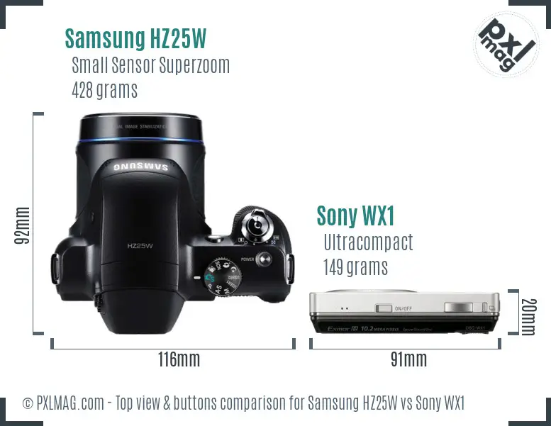 Samsung HZ25W vs Sony WX1 top view buttons comparison