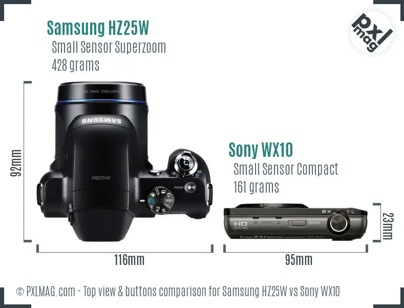 Samsung HZ25W vs Sony WX10 top view buttons comparison