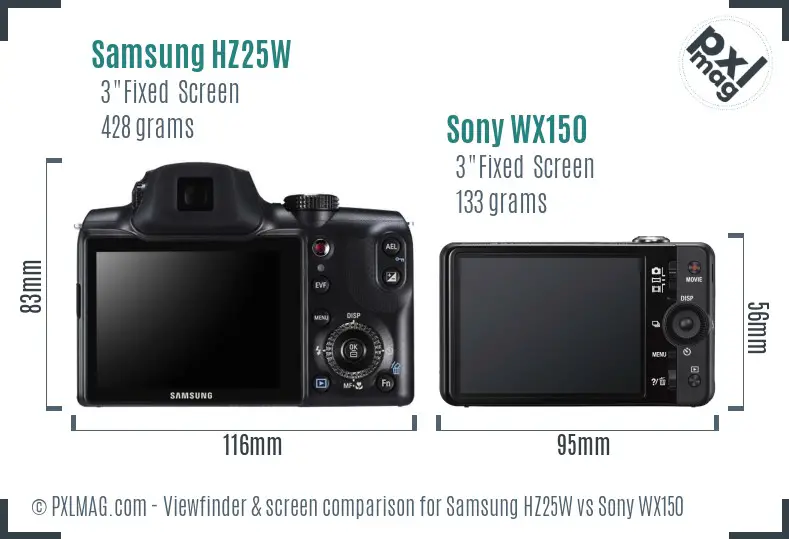 Samsung HZ25W vs Sony WX150 Screen and Viewfinder comparison