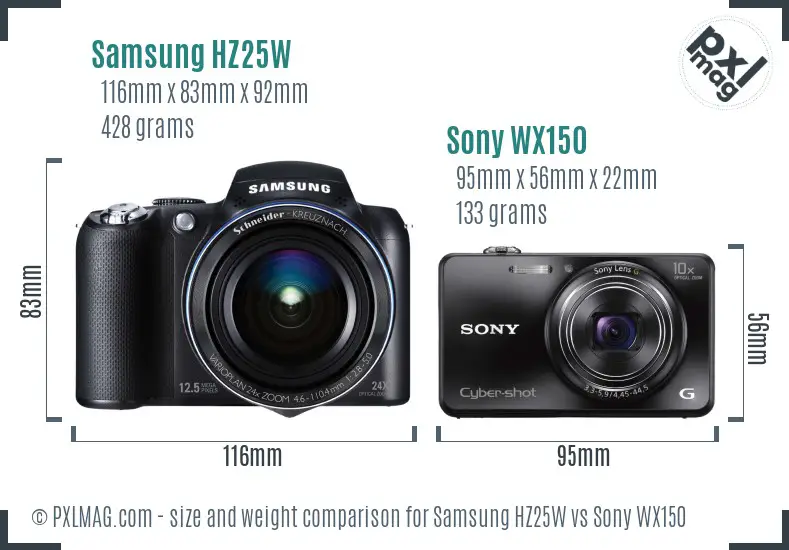 Samsung HZ25W vs Sony WX150 size comparison