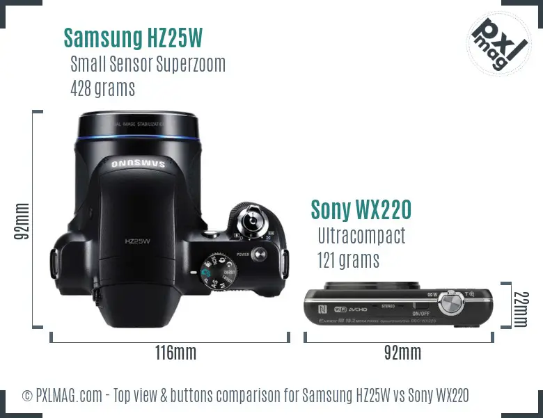 Samsung HZ25W vs Sony WX220 top view buttons comparison
