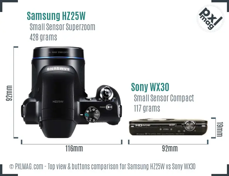 Samsung HZ25W vs Sony WX30 top view buttons comparison