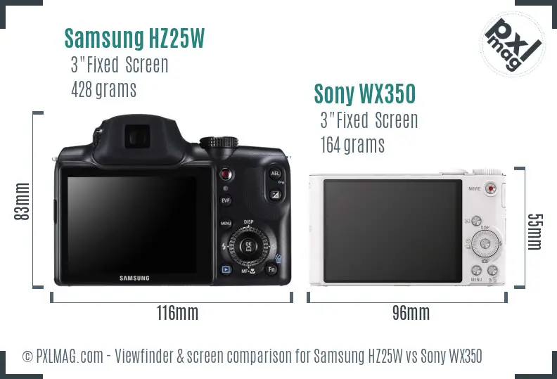 Samsung HZ25W vs Sony WX350 Screen and Viewfinder comparison