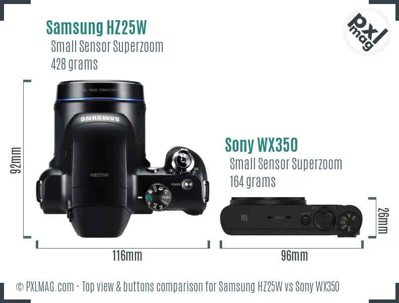 Samsung HZ25W vs Sony WX350 top view buttons comparison