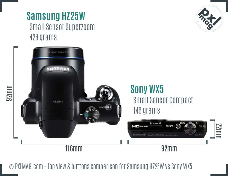 Samsung HZ25W vs Sony WX5 top view buttons comparison