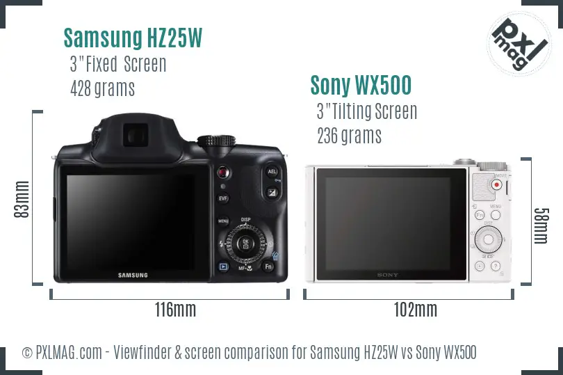 Samsung HZ25W vs Sony WX500 Screen and Viewfinder comparison