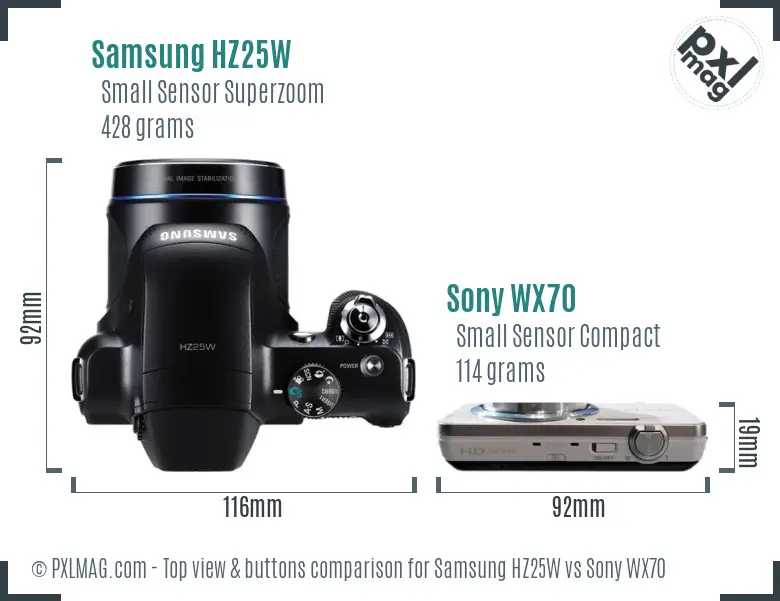 Samsung HZ25W vs Sony WX70 top view buttons comparison