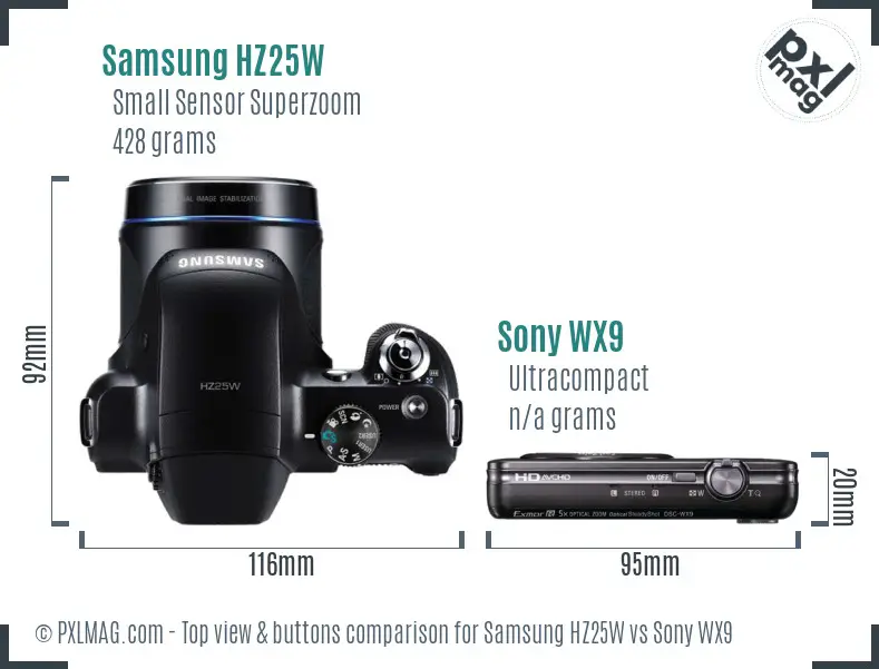 Samsung HZ25W vs Sony WX9 top view buttons comparison