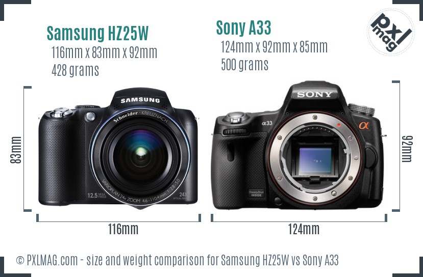 Samsung HZ25W vs Sony A33 size comparison