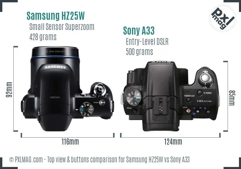 Samsung HZ25W vs Sony A33 top view buttons comparison
