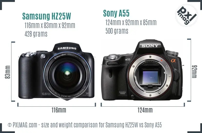 Samsung HZ25W vs Sony A55 size comparison
