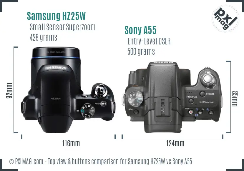 Samsung HZ25W vs Sony A55 top view buttons comparison