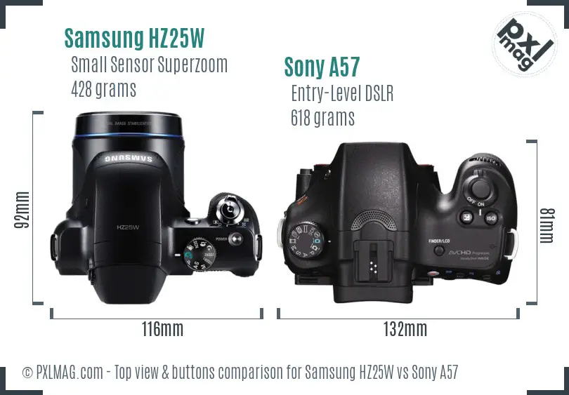 Samsung HZ25W vs Sony A57 top view buttons comparison
