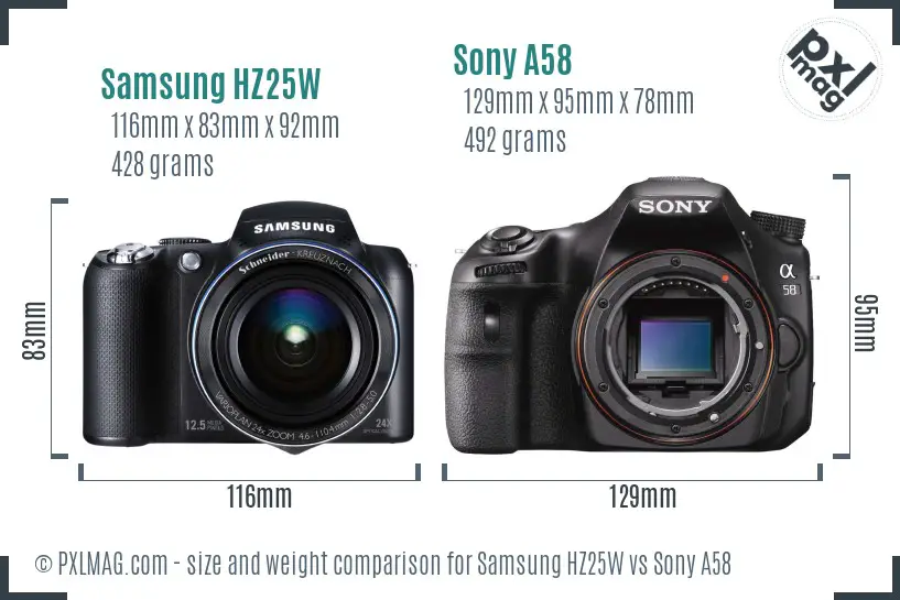 Samsung HZ25W vs Sony A58 size comparison
