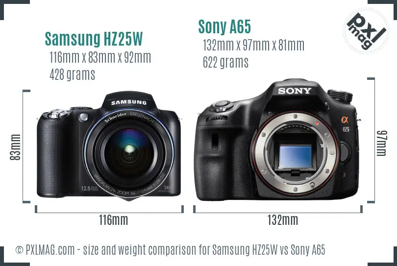 Samsung HZ25W vs Sony A65 size comparison