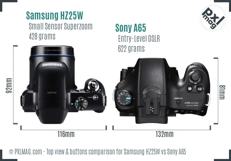 Samsung HZ25W vs Sony A65 top view buttons comparison