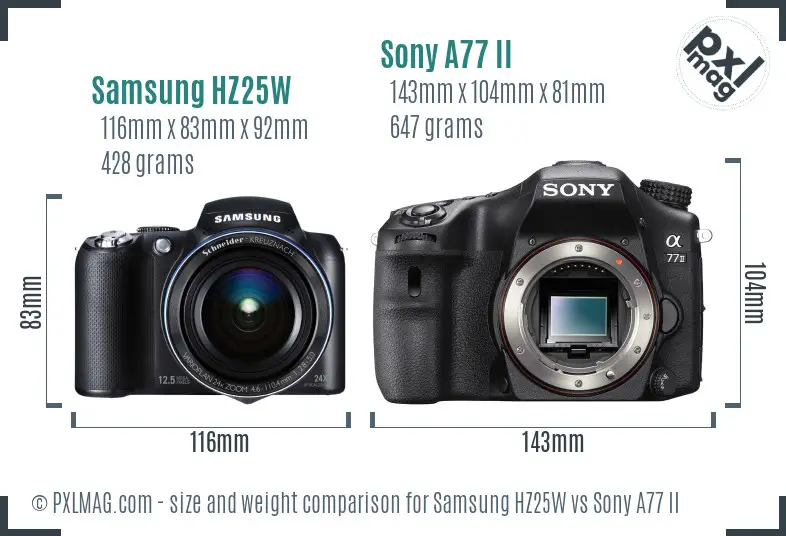 Samsung HZ25W vs Sony A77 II size comparison